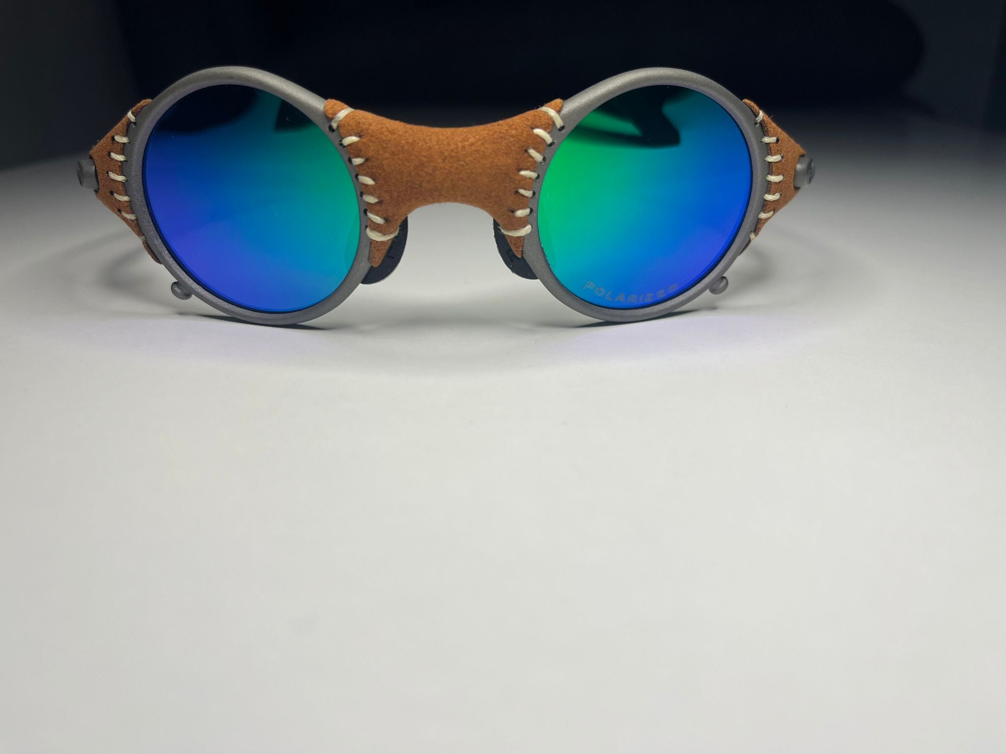 SteamPunk- Titanium/Leather Frame- Purple/Green/Blue Lenses- Polarized