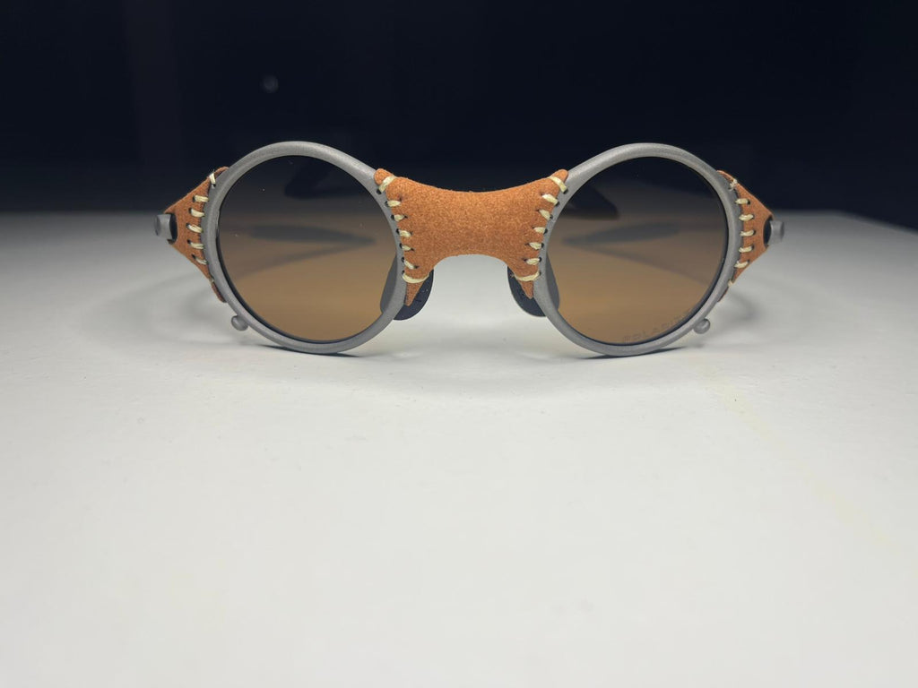 SteamPunk- Titanium Covered Leather- Matte Brown Lenses- Polarized