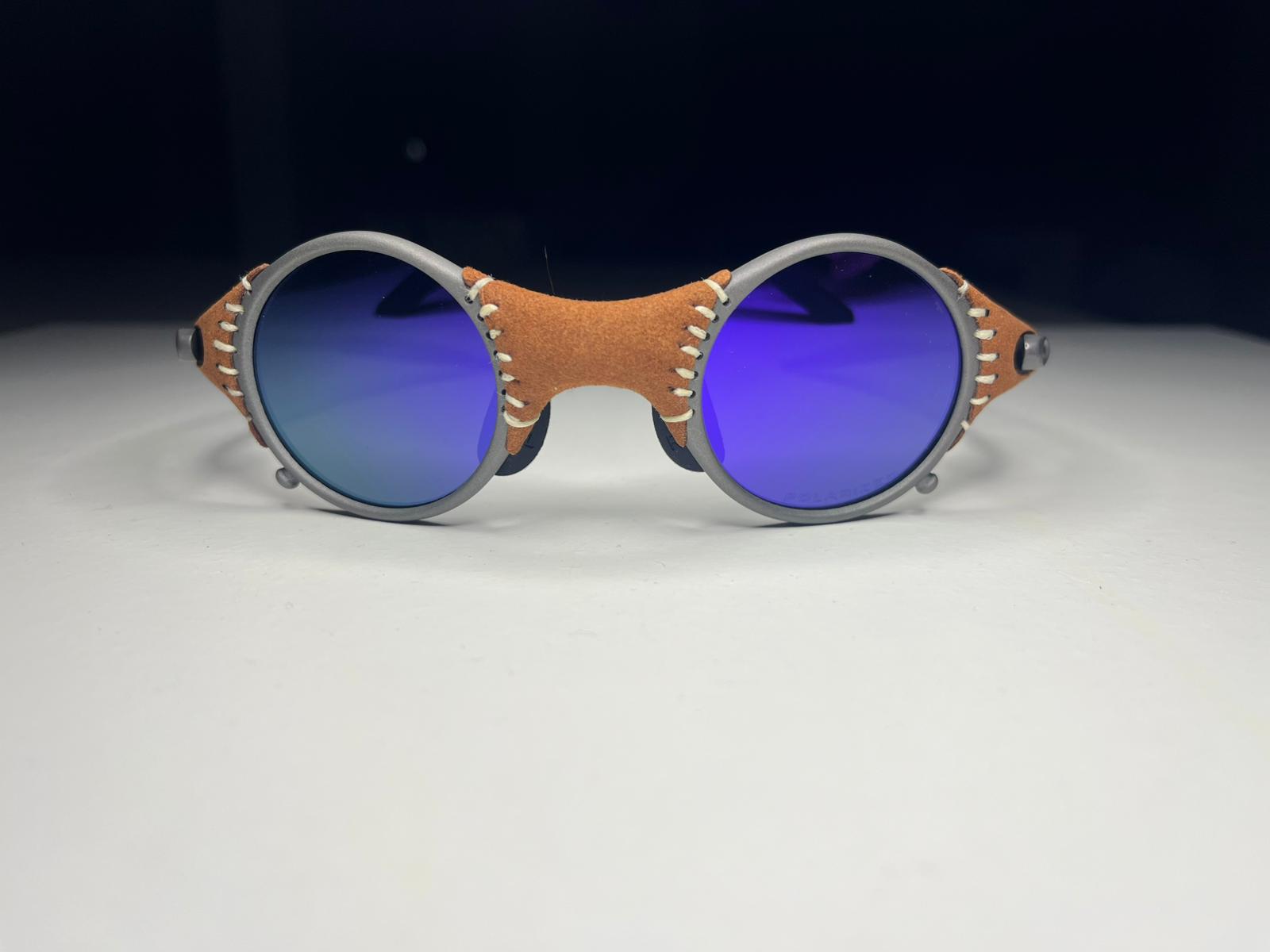 SteamPunk- Titanium Covered Leather- Metallic Blue Green Lenses- Polarized